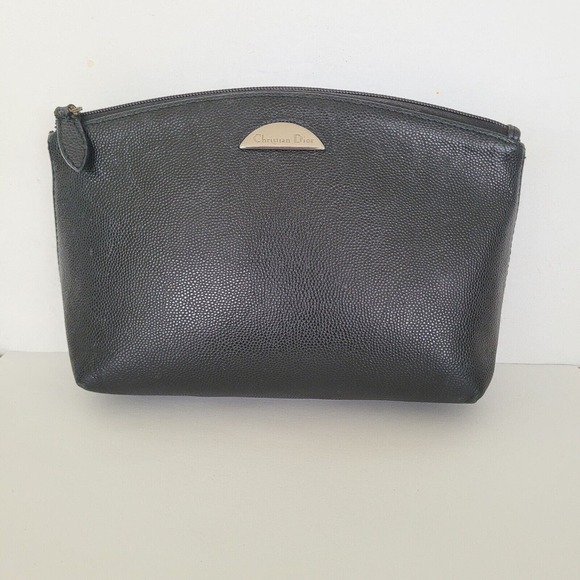 Christian Dior Vintage Leather Black Cosmetic Pouch Bag Zip Around Small Logo - Picture 1 of 12
